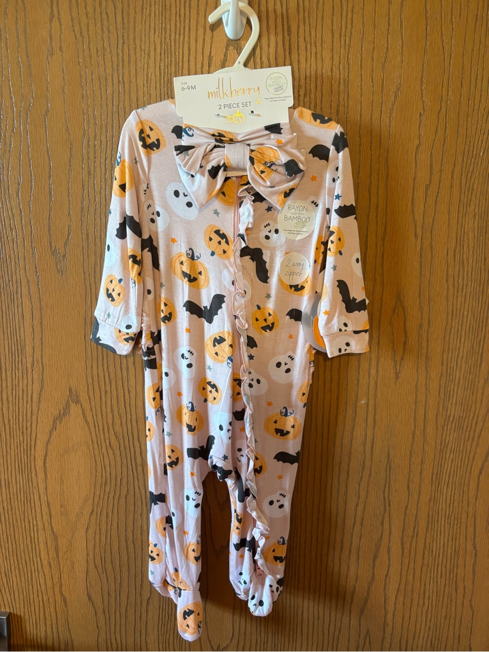 Milkberry Ruffle Bottom Pink Halloween Pumpkin, Bat & Ghost Onesie